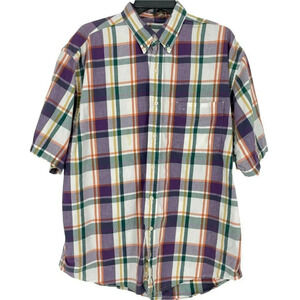 Eddie Bauer Button Up Shirt Men's Sz L Short Sleeve Collared Plaid White Purple